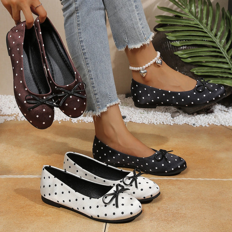 Women Polka Dot Bow Ballet Flats Round Toe Slip‑on Casual Flat Shoes