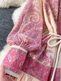 Autumn Holiday Pink Maxi Dress Women Clothing Turleneck Long Lantern Sleeve Flower Retro Print Belted Chiffon Loose Vestidos