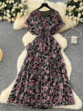 French Floral Printed Dress Women Sexy Cross V-neck Short Sleeved Vintage Long Dresses Ladies Ruffled Beach Long Robe Vestidos