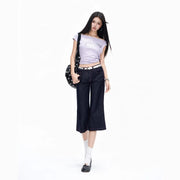 Vintage High Waist Flare Capri Jeans for Women Dark Wash Raw Denim Red Stitch Korean Street Style Casual Y2K Summer Fashion