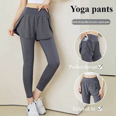 Women Yoga Pants Sportswear Woman Gym Yoga Wear Training Pants Leggings Elastic Quick-drying High Waisted Fake Two Pieces