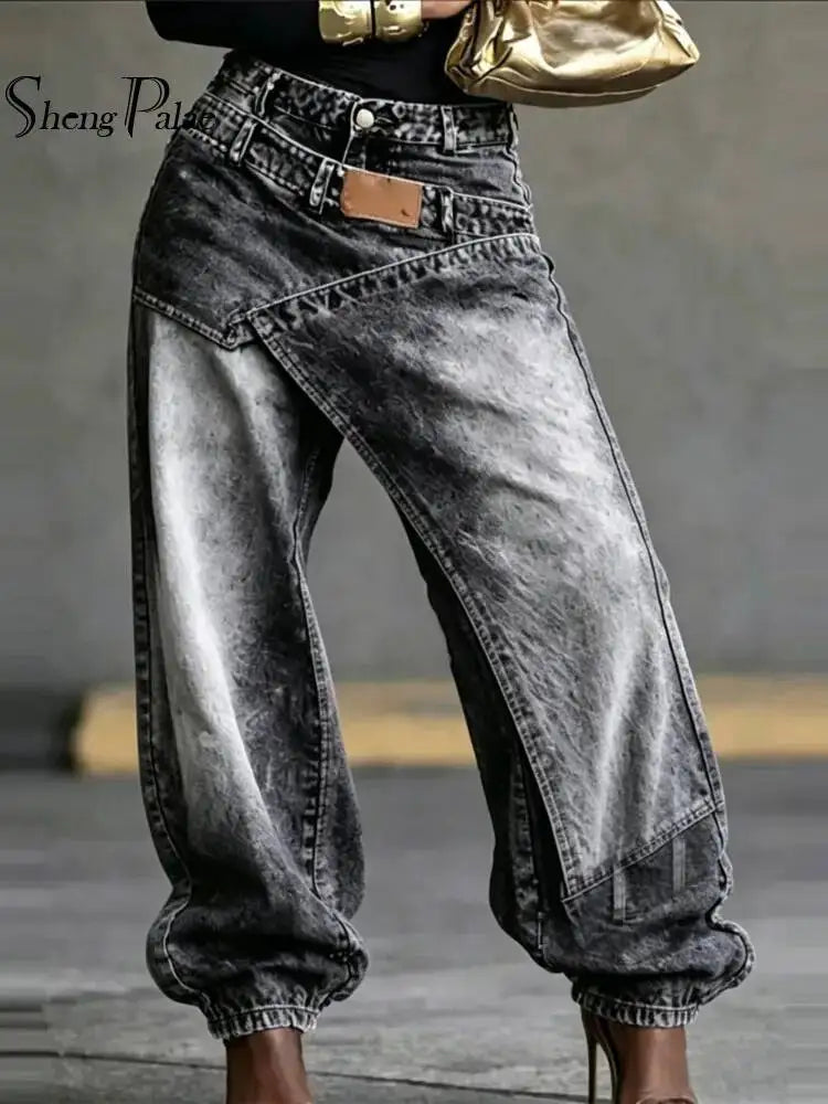 Women High Waist Jeans SHENGPALAE Women High Waist Wide Leg Jeans Layered Washed Asymmetrical Hip Hop Streetwear Summer 2026 New 05E02945