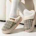 Women's Winter Warm Fur Slippers Stripe House Non Slip Shoes Comfort Flat Heel Home Indoor Bedroom Casual Plush Men Slippers
