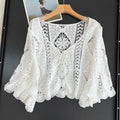 Flared Sleeve Crochet Top Hollow-out Openwork Pullover Women Guipure Lace Blouse Spring Summer French Chic Festival Boho