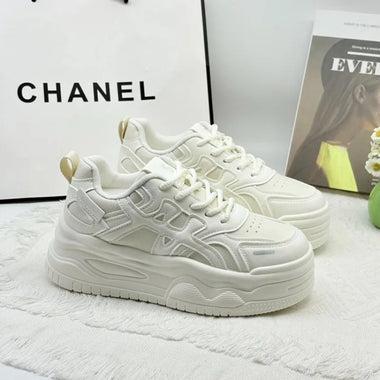 Fashion Women White Geometric Cutout Chunky Platform Sneakers Thick Sole Height Increasing Hollow Casual Walking Skate Shoes