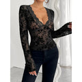 Sexy Slim Fit Floral Lace Blouses Elegant Deep V-neck Mesh Long Sleeve Blouse Streetwear Top Spring Y2k Bell Sleeve Thin Shirts