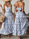 2026Women Floral Spaghetti Strap Maxi Dress V Neck Back Bow Tiered Ruffle Sundress Bohemian Summer Beach Casual Dress