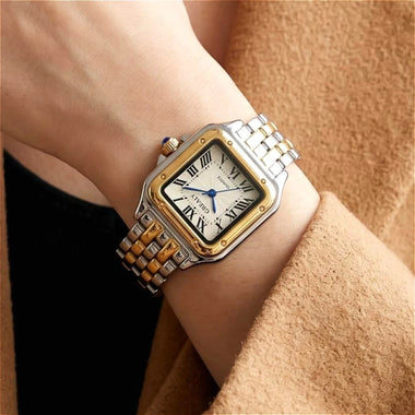 Elegant Square Quartz Clock Roman Numerals Wrist Watches for Women Two-tone French Stainless Steel Ladies Casual Dress Jewelry