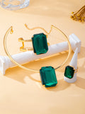 Women's Rectangular Large Emerald Jewelry Set, Gold-Plated Open Choker Necklace, Ring, and Bracelet Three-Piece Set, Exaggerated Accessories for Banquets and Parties