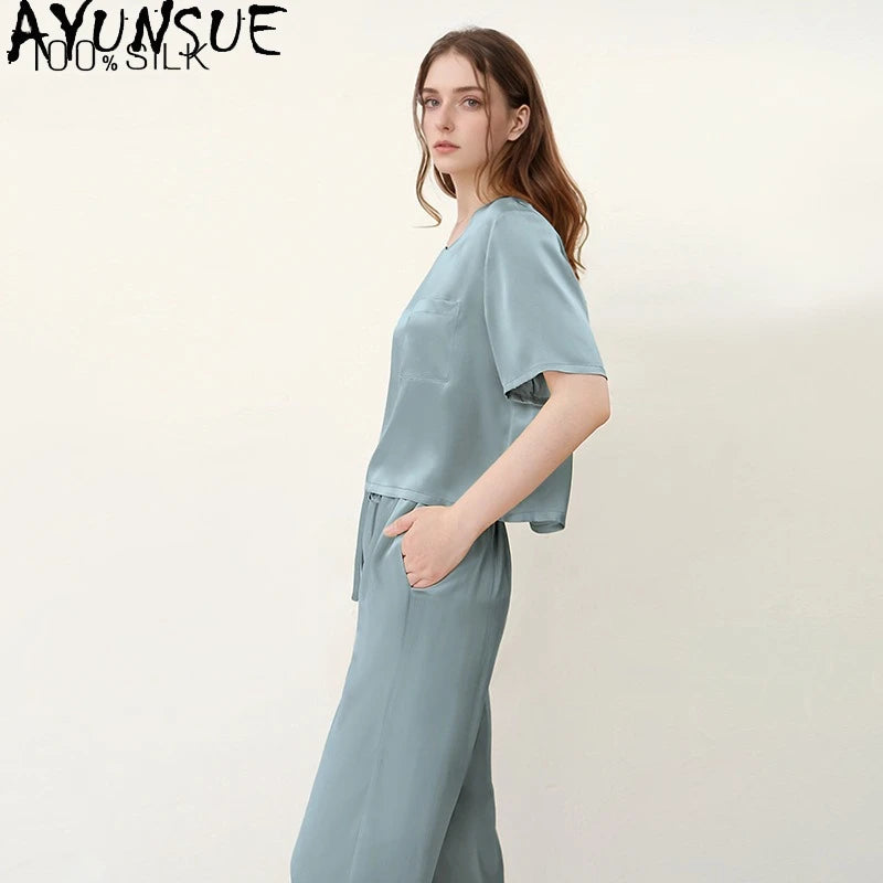 AYUNSUE 16Mm 100% Mulberry Silk Sleepwear Women Summer Clothes Pajama Sets Casual Long Pants Short Sleeve Top Two-piece Пижама