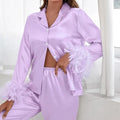 Spring Women's Silk Satin Pajamas Set Feather Trim Cuff 2 Piece Loungewear Long Sleeve Button Down Shirt Pants Set Sleepwear