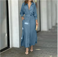 Women Solid Color Maxi Dress  Autumn Fashion Elegant Long Sleeve Leisure Time Casual Daily Wear V Neck Sexy Ladies Shirt Dresses