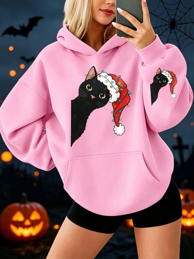 Oversized Streetwear Pullover Hoodie Halloween Black Cat With Santa Hat Autumn Winter Daily Wear 2026 Female Sweatshirt