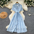 French Romantic Style Dress Women Lace Dress Lapel  Floral Embroidery Long Dresses
