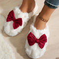 Korean Purple Silk Bowknot Home Cotton Shoes 2026 Winter Thicken Warm Long Plush Indoor Slippers Women's Light Anti Slip Slides