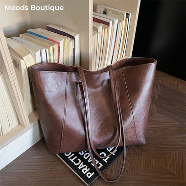 Women Tote Bag MOODS Retro Distressed Brown Vegan Leather Tote Bag For Women Big Capacity Soft Shoulder Handbag Commute Daily Shopper Work Bag