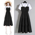 2024 Fashion Strap Fake Two piece Dress Block Summer Short sleeved Dress Women's Waist Tight Dress