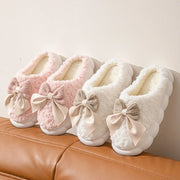 Women's Bow Slippers Thick-Soled Soft-Soled  Bedroom Cotton Shoes  Outdoor Indoor Winter Plush Non-Slip Bow Warm Houseshoes