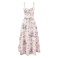 2025 Romantic Pink Floral Print Bow Ruched Bra Chest Sling Dress Women Low Waist Fold Swing Lace Lining Midi Long Dresses Robe