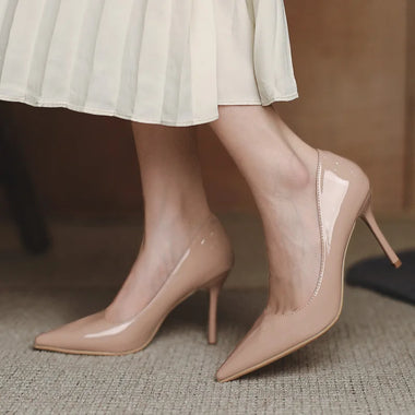 Nude Women's Thin Heels High Heels 2026 New Profession Patent Leather Temperament Pointed Shallow Dress Pumps Women's High Heels