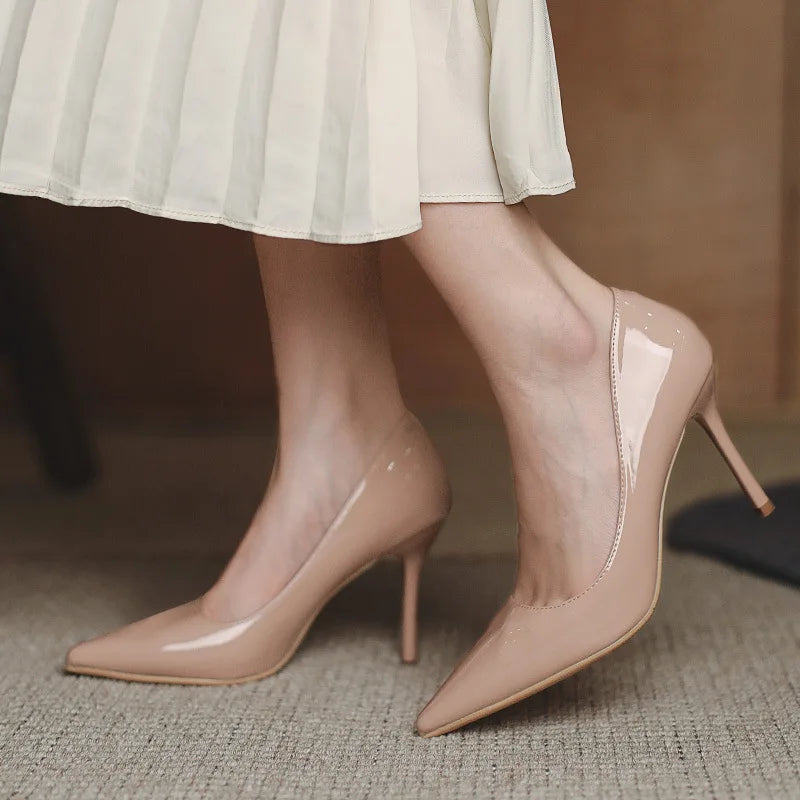 Nude Women's Thin Heels High Heels 2026 New Profession Patent Leather Temperament Pointed Shallow Dress Pumps Women's High Heels