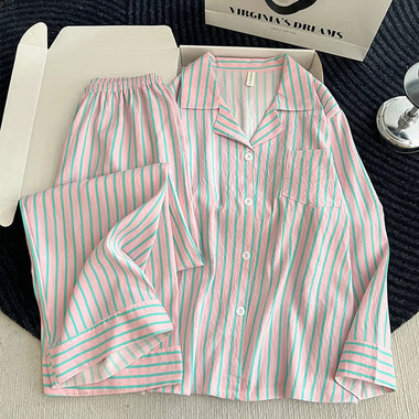 Autumn Striped 2Pcs Pajama Set Lapel Collar Long Sleeve Home Clothes Button Down Ladies Korean Loungewear Sleepwear Nightwear