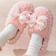 Lovely Girls Lace Bowtie Pink Fur Slippers Winter 2026 Thick-Soled Household Slippers for Women Non Slip Soft Plush Home Shoes