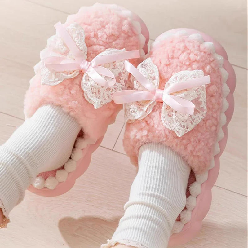 Lovely Girls Lace Bowtie Pink Fur Slippers Winter 2026 Thick-Soled Household Slippers for Women Non Slip Soft Plush Home Shoes