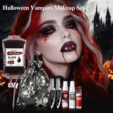 Halloween Vampire Zombie Makeup Set Fake Blood Lipstick Hair Spray Glitter Skull Bag for Cosplay Horror Costume Party Dress Up