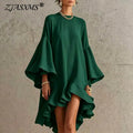 Vintage Oversized Bell Sleeve Dress Women O Neck Irregular Ruffle Hem Solid A-Line Short Dress Elegant Resort Prom Guest Dresses
