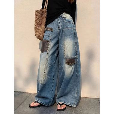 Women's Blue Y2k Washed Jeans Vintage 2000s Baggy Denim Trousers American style Rivet Jeans Pants Wide Leg Denim Pants