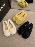 Winter Women Fluffy Ballet Flats Faux Fur Bowknot Plush Indoor Home Mules Warm Soft Cozy Flat Slippers Shoes Zapatillas Mujer