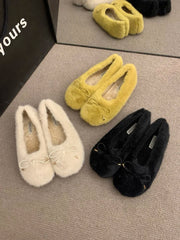 Winter Women Fluffy Ballet Flats Faux Fur Bowknot Plush Indoor Home Mules Warm Soft Cozy Flat Slippers Shoes Zapatillas Mujer