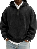 Hoodie Sweatshirt Men's American Retro Suede Half Zipper Hoodie Oversized Solid Hooded Sweatshirt Autumn Winter Casual Pullover With Kangaroo Pkt