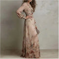 Spring Elegant Long Sleeve Boho Chiffon Long Dresses For Women O Neck Slim Vintage Floral Print High Waist Pleated Holiday Dress