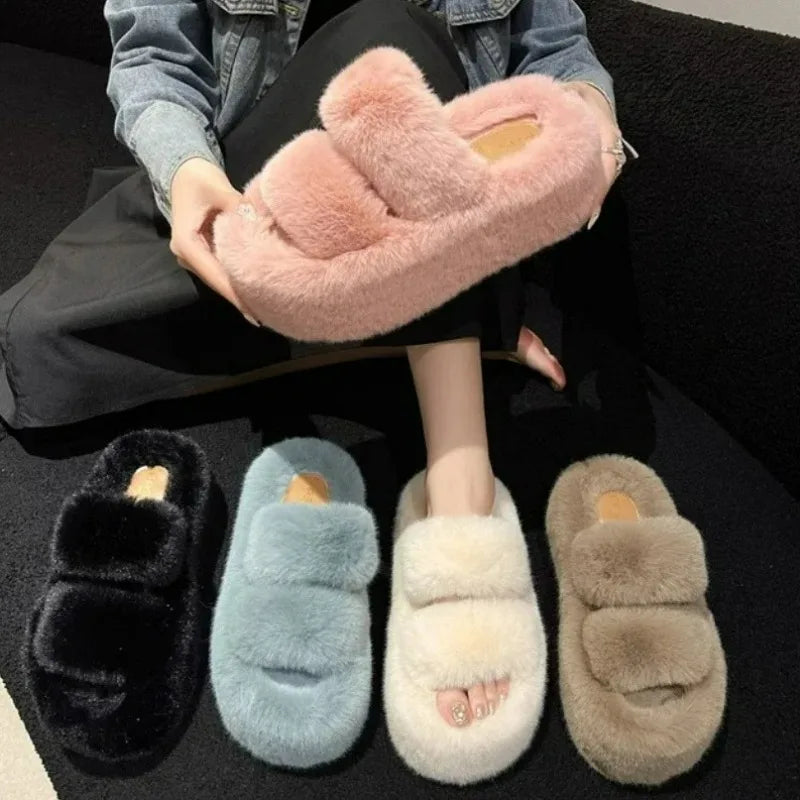 Spring and Autumn New Sponge Cake Thick Bottom Increase Plush Cotton Slippers Women Shoes Wear Home Woolen Shoes