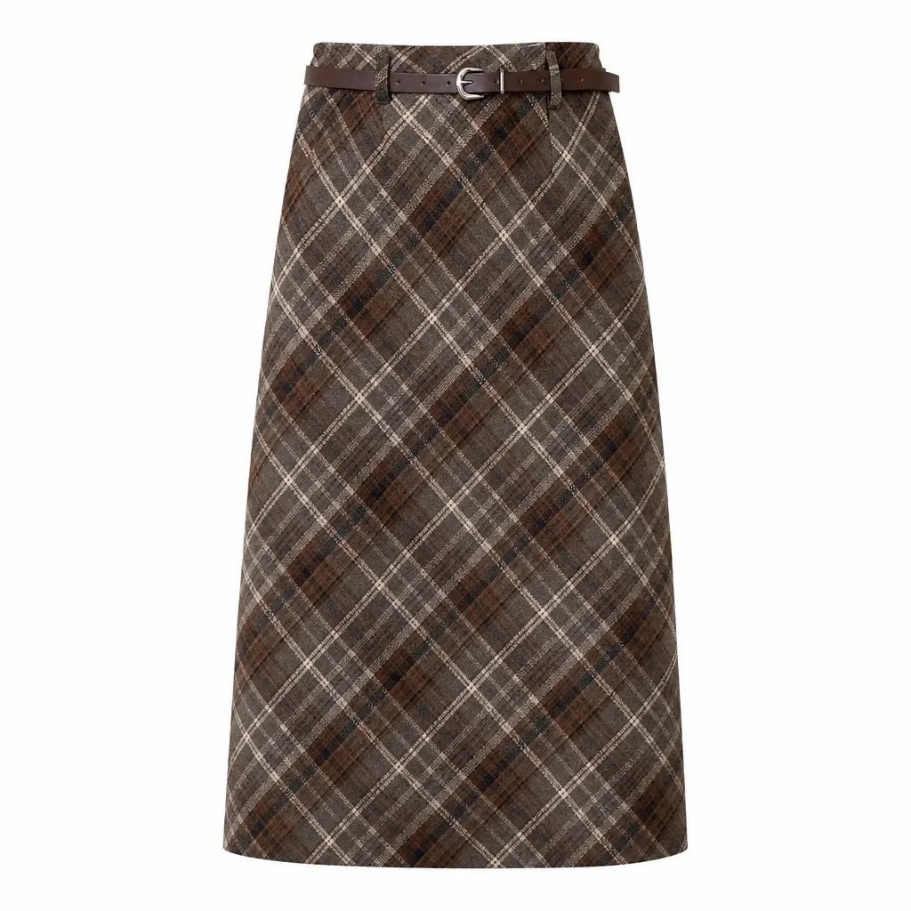 Women Skirt Long Woolen Skirt Women Autumn Winter 2026 New Arrival High Waist Skirt With Belt A Line Plaid Skirt Woman Back Slit Skirts