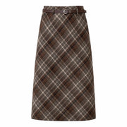 Women Skirt Long Woolen Skirt Women Autumn Winter 2026 New Arrival High Waist Skirt With Belt A Line Plaid Skirt Woman Back Slit Skirts