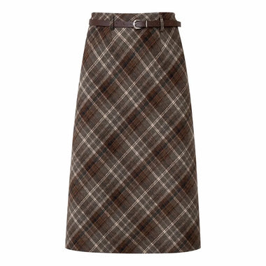 Women Skirt Long Woolen Skirt Women Autumn Winter 2026 New Arrival High Waist Skirt With Belt A Line Plaid Skirt Woman Back Slit Skirts