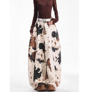 Fashion Cow Patterned Camouflage Jeans Women's High Waist Loose Wide Leg Denim Barrel Pants Autumn Spring New