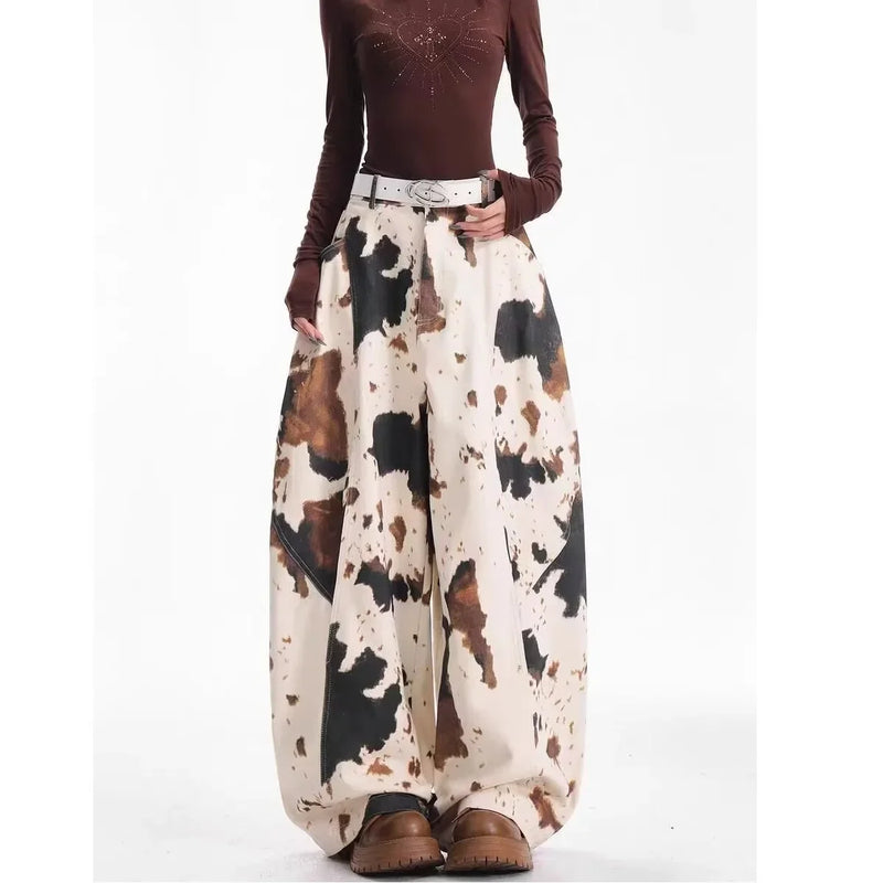 Fashion Cow Patterned Camouflage Jeans Women's High Waist Loose Wide Leg Denim Barrel Pants Autumn Spring New