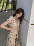2026 Spring Summer New Sweet Gentle Printed Women's Dress Oil Painting Floral Puff Sleeve Korean Bellflower Chiffon Midi Dresses