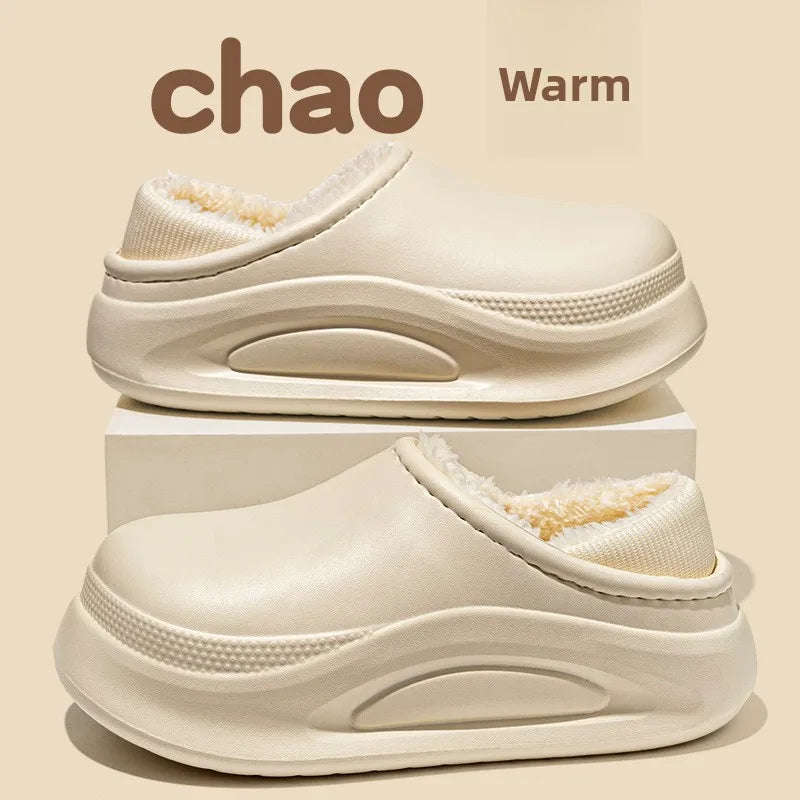 Warm Plush Waterproof EVA Indoor Slippers For Women Winter Soft Thick Bottom Non Slip Home Slippers Couple's Furry Slides
