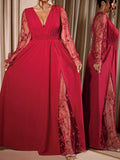 Dress Plus Size Elegant GIBSIE Plus Size Elegant V-Neck Sheer Mesh Sleeve Evening Long Dress Women Autumn Elastic Waist Tie Backless Party Dresses 2026