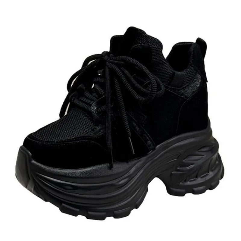 9CM New Women Platform Sneakers Lace-up Autumn Sports Dad Shoes High Top Chunky Casual Shoes Woman Thick Bottom Mesh White Shoes