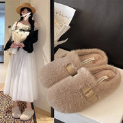 Soft Footbed Teddy Fur Mule Clogs for Woman Winter Warm Plush Slide Sandals Ladies Brand Design Fluffy boken Shoes