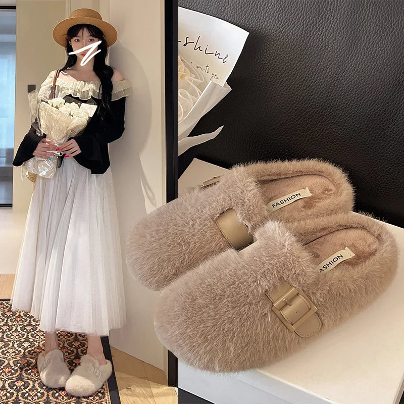 Soft Footbed Teddy Fur Mule Clogs for Woman Winter Warm Plush Slide Sandals Ladies Brand Design Fluffy boken Shoes