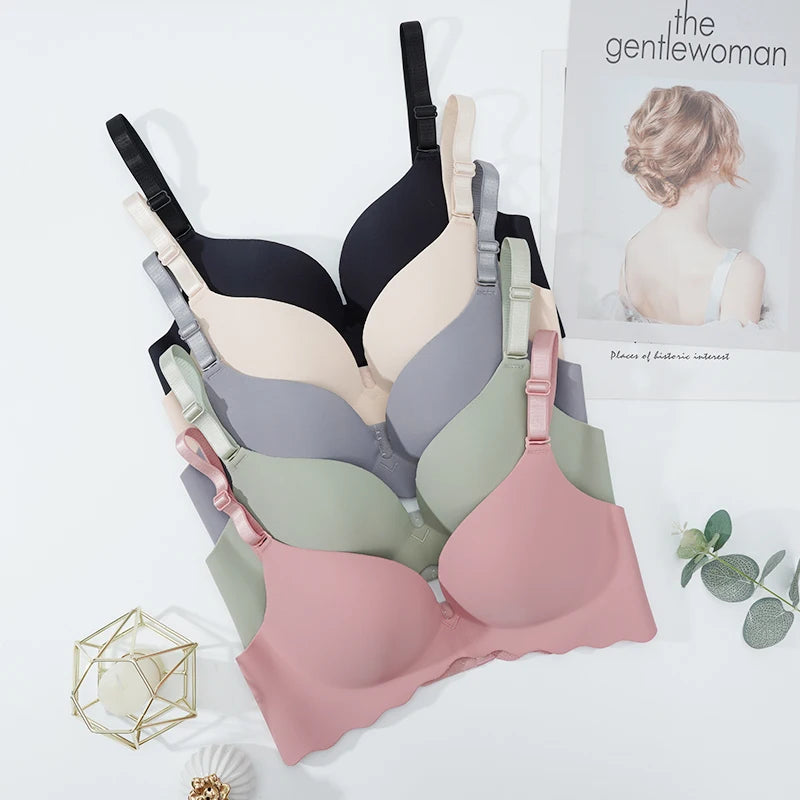 Women's Simple Solid Color Wave-Edge Bra Seamless Steel-Free Gathering Bra Sexy Comfortable Adjustable Shoulder Straps Lingerie
