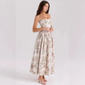 Women's White Floral Print Corset Maxi Dress Spaghetti Strap Pleated A-Line Summer Elegant Long Vacation Gown