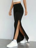 Elegant Spring-Fall Bodycon Skirt Chic High Split, Solid Color Durable Knit Fabric Flattering & Easy Care Women's Fashion